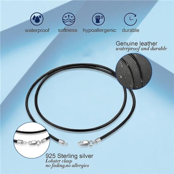 Genuine Black Leather Necklace Cord for Women Men, Sterling Silver Clasp - Picture 4 of 7